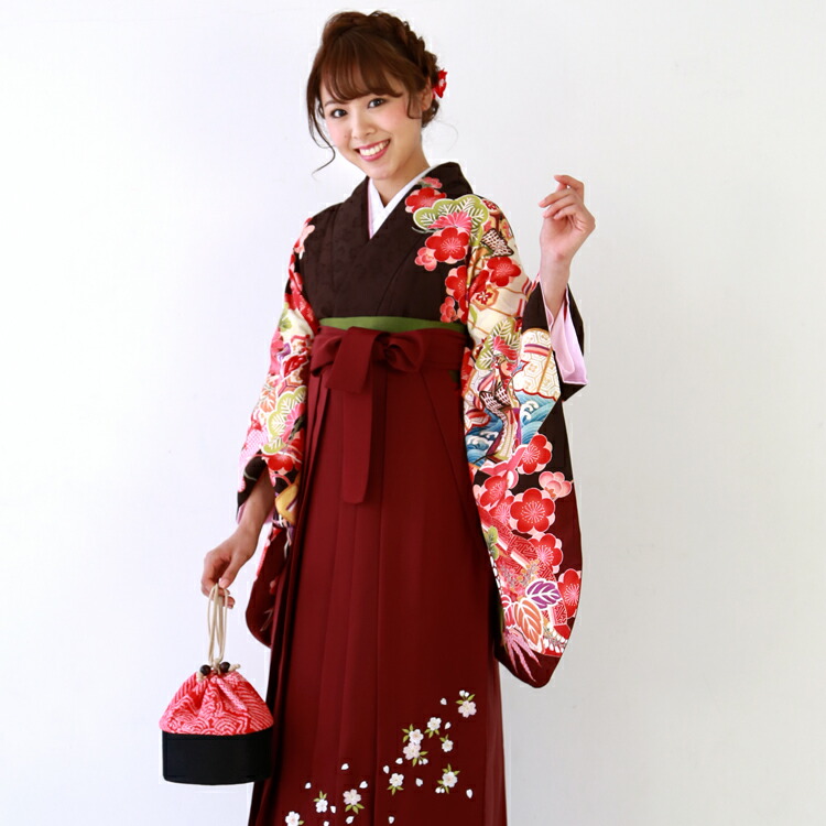 【レンタル】卒業式 袴 レンタル 女 袴セット 卒業式袴セット2尺袖着物＆袴 フルセットレンタル 安い 「こげ茶色地に御所車と扇 松 竹 梅 桜 綸子」