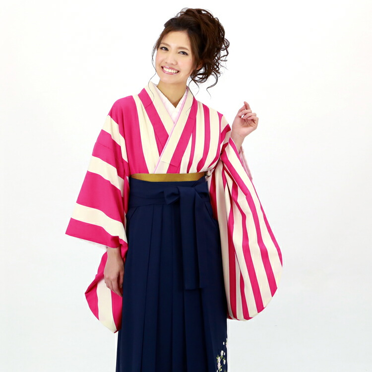【レンタル】卒業式 袴 レンタル 女 袴セット 卒業式袴セット2尺袖着物＆袴 フルセットレンタル 安い 「生成り地にピンクの変わり縦縞 ストライプ」