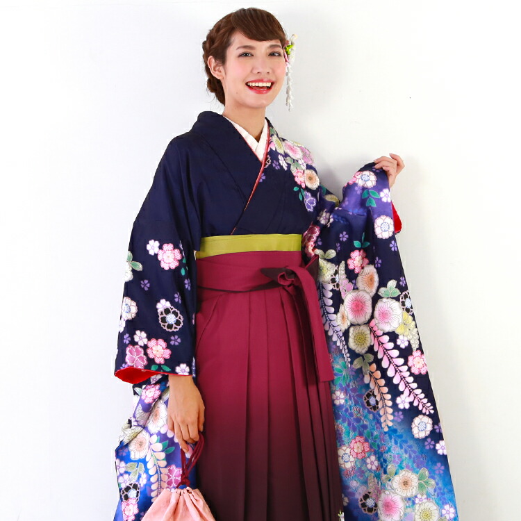 【レンタル】卒業式 袴 レンタル 女 袴セット 卒業式袴セット 振袖＆袴 フルセットレンタル 安い 「青紫地に青・紫ぼかし花と藤」