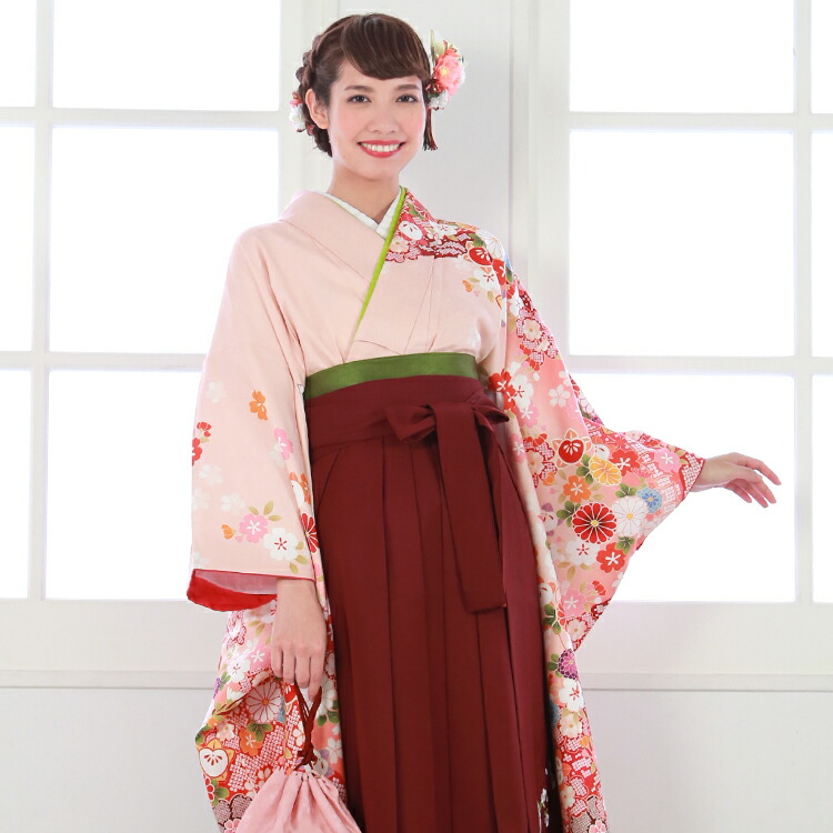 【レンタル】卒業式 袴 レンタル 女 袴セット 卒業式袴セット 振袖＆袴 フルセットレンタル 安い 「薄ピンク地にカラフル丸菊と小花」