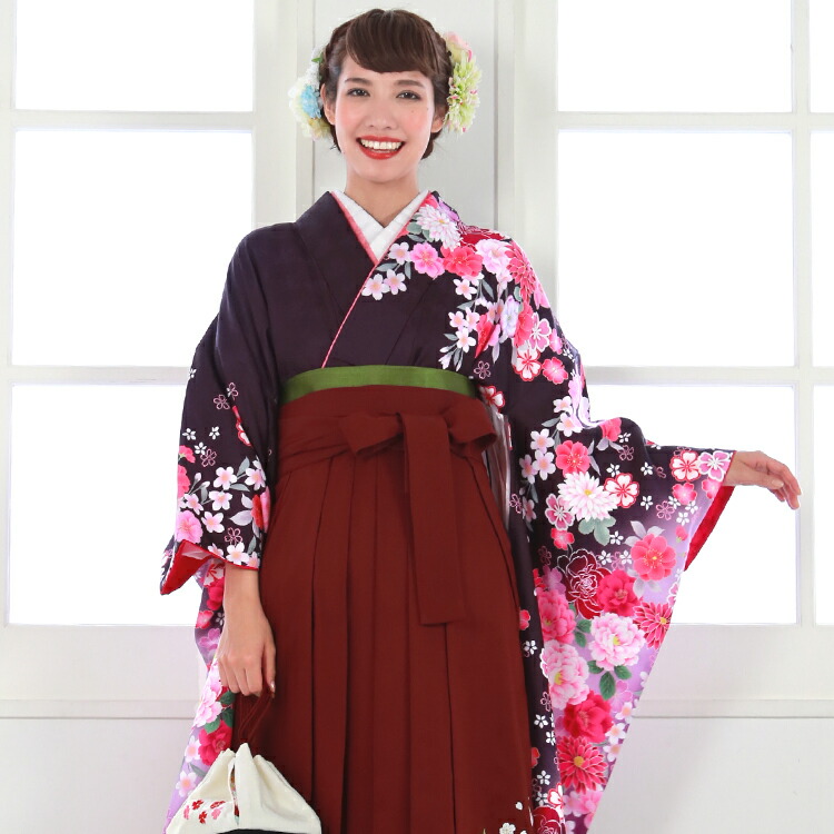 【レンタル】卒業式 袴 レンタル 女 袴セット 卒業式袴セット 振袖＆袴 フルセットレンタル 安い 「濃紫地に赤紫ぼかし 牡丹 桜 菊 バラ」