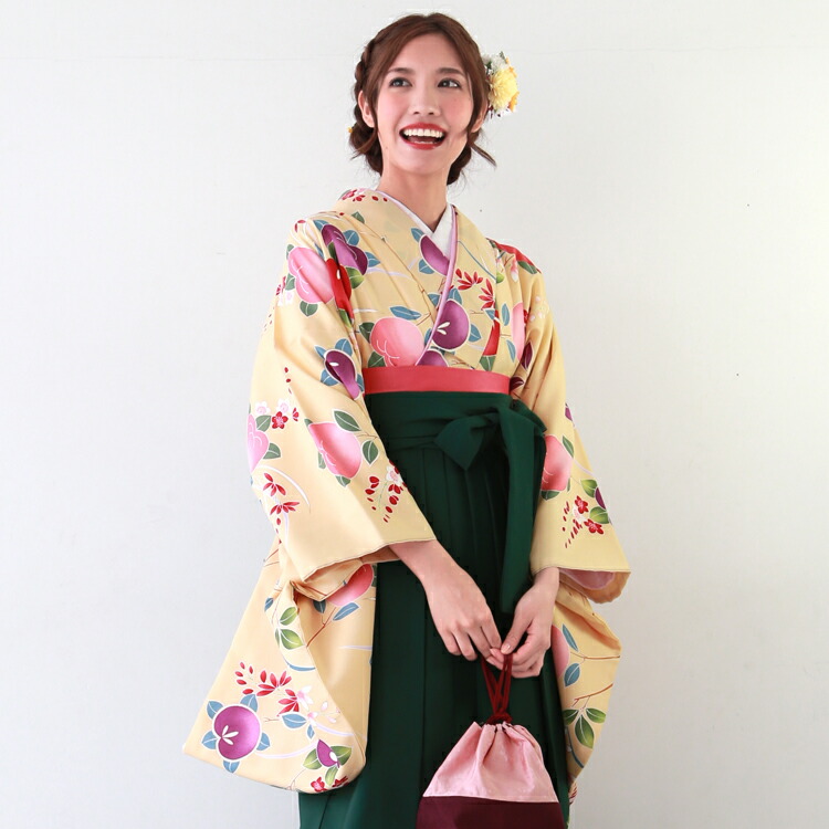 【レンタル】卒業式 袴 レンタル 女 袴セット 卒業式袴セット2尺袖着物＆袴 フルセットレンタル 安い 「薄黄色地にピンク・紫・赤の桃」