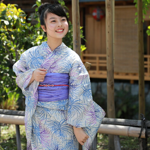 セット 和服 プチサイズ 150cm ジュニア 綿麻浴衣３点セット 浴衣3点セット 150cm ジュニア 140cm 140cm 着物 浴衣 浴衣 生成り 150cm 浴衣セット Sサイズ 生成り地に青と紫の乱菊 小さい 子供 レトロ 紫 セット ジュニア 浴衣セット レトロ なでしこぴーす浴衣 子供