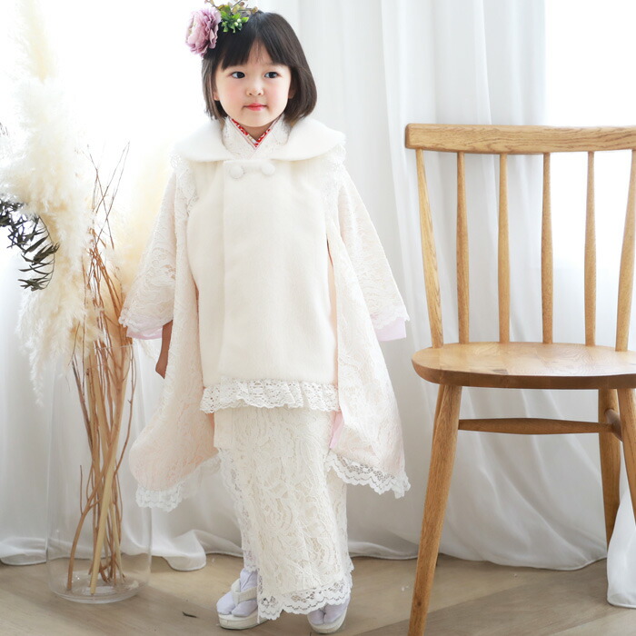 レンタル 七五三 着物 3歳 レンタル 女の子 被布着物10点セット オフホワイト 白のレース着物 白レース着物被布セット モダン 衣装 おしゃれ かわいい ファー衿付き被布 Rvcconst Com
