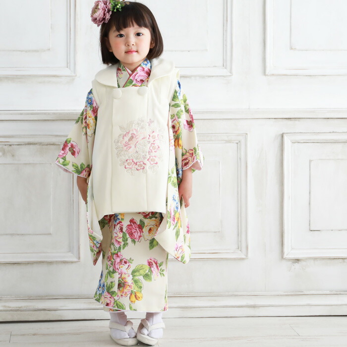 販売 購入 女の子 フルコーディネートセット おすすめ 誕生日 モダン 着物セット ひな祭り 七五三 七五三 購入 着物 3歳 モダン ひなまつり 衣装 七五三 着物 3歳 女の子 販売 セット クリーム地にバラ 被布 オフホワイト 着物被布10点フルセット 購入 正月 ひな祭り