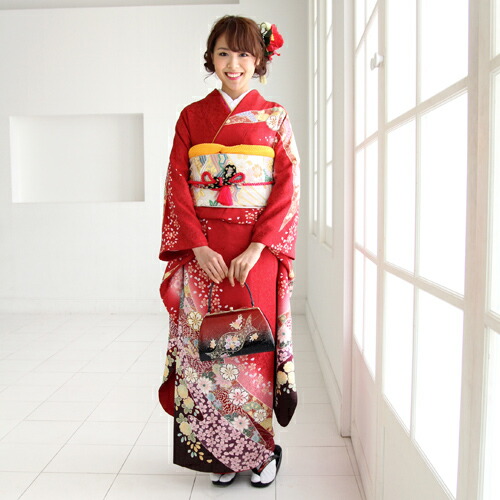 エッセンシャルコンフォート 正絹 成人式 振袖セット(赤に桜セット