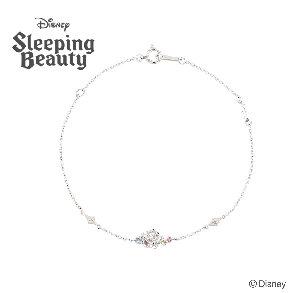 【マラソン期間P10倍!!】ディズニー ブレスレット オーロラ姫 眠れる森の美女 プリンセス バラ お花 10金 ホワイトゴールド ダイヤモンド ペリドット ブルートパーズ ピンクトルマリン ギフト 誕生日 クリスマス（OBLDS20020）