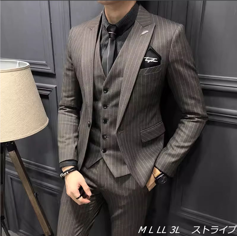 ストライプ 上品 縞々柄３点セット 3色 スーツ メンズ ビジネススーツ 花婿スーツ suit リクルートスーツ 1つボタン 3点セットスーツ スリーピーススーツ ベストあり メルトン スリーピース長袖 ジャケット メンズ スリムスーツ 紳士服 メンズスーツ 1つボタンスーツ 細身