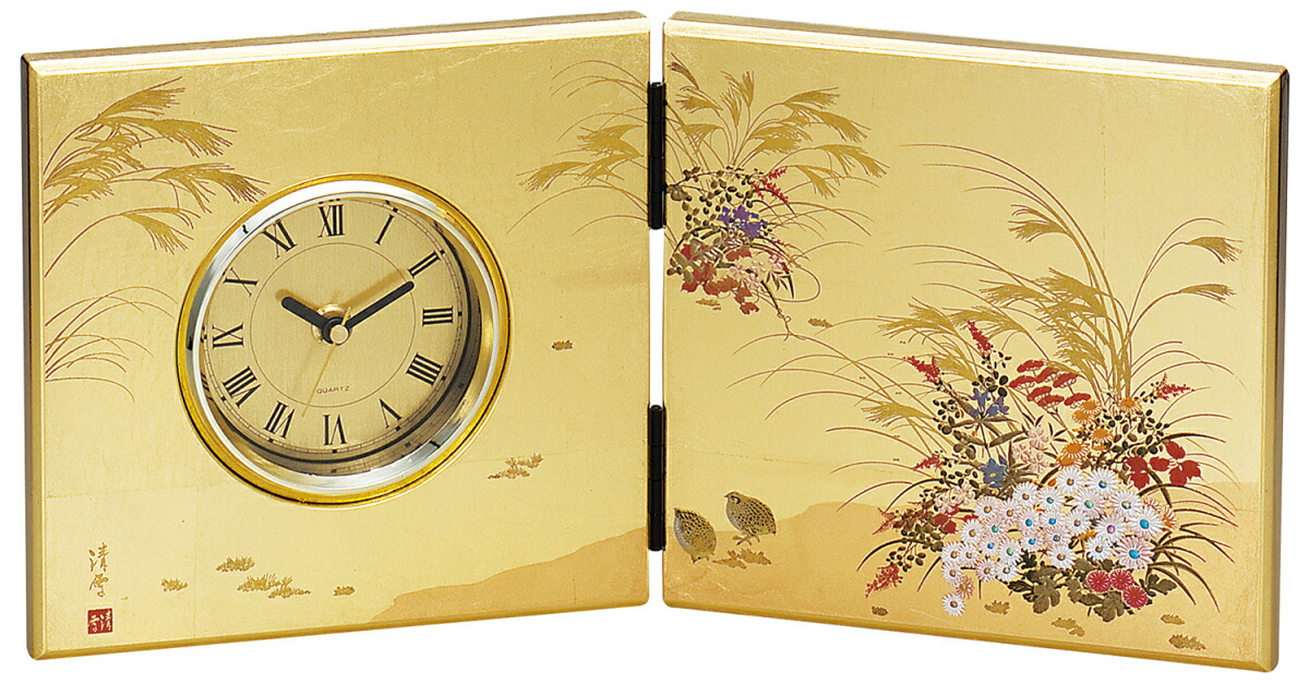 【マラソン本日P5倍＋まとめ割5～15％OFF】山中漆器 みやび 屏風時計（中）【名入れ刻印可】（退職祝 漆器 金沢箔 工芸品 外国人 海外出張 土産 日本製 ギフト 海外発送可 プレゼント 和雑貨 お祝 記念 置時計 誕生日 引き出物 景品）｜なごみや本舗　店 8,658円