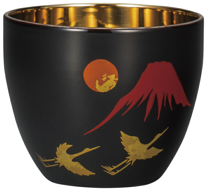 【マラソン本日P5倍＋まとめ割5～15％OFF】山中漆器 漆磨二重ぐい呑み 手描き 富士に鶴（おしゃれ ステンレス 漆 日本製 日本製 ギフト 海外発送可 贈呈 カップ 引き出物 景品）｜なごみや本舗　店