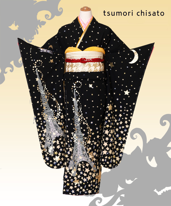 Ginger掲載商品 着物セット 東京タワーと宇宙飛行士 ツモリチサト セット レンタル P Furisode 振り袖 Rental 振袖 Chisato 振袖 貸衣装 黒色系 華刺繍 結婚式 卒業式 フルセット Rental 振り袖 往復送料無料 女性和服