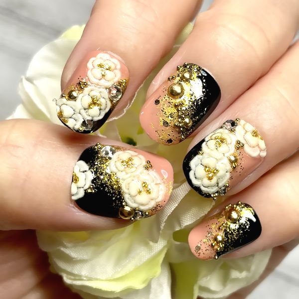 楽天市場】☆豪華♪和柄フラワーネイル/グリーン☆ 深緑黒 金箔
