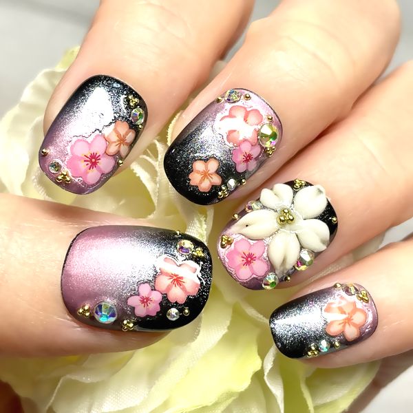 ニュアンスネイル フラワー ぷっくり 春ネイル ネイルチップ ハンドメイド No.15 ネイルチップ 春ネイル ぷっくりフラワーネイル ぷっくり