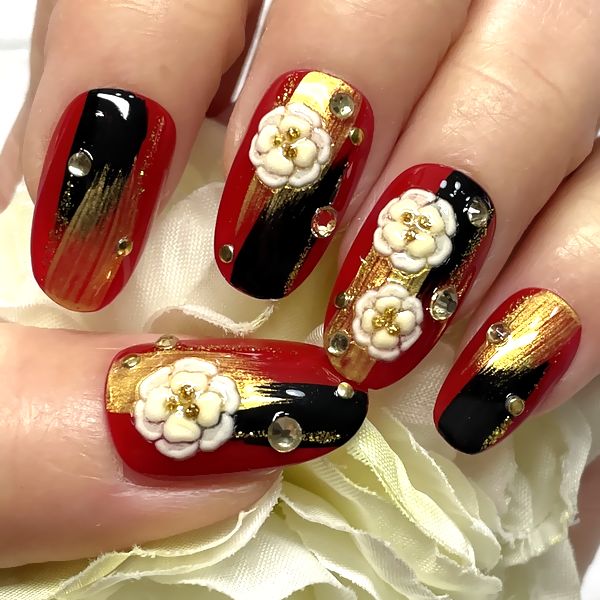 楽天市場】☆和柄/シンプルフラワーネイル☆レッドブラックバイカラー