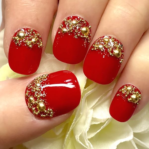 ネイルチップ ワンホン リボン ビジュー クリスマス 冬 503】ぷっくり手書きリボン×ハート レッド ネイルチップ