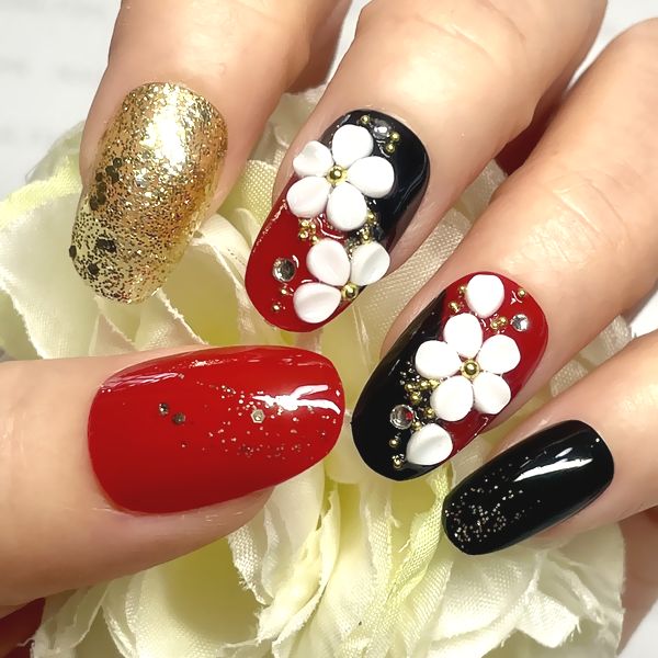 楽天市場】☆和柄/ぷっくりフラワーネイル☆ブラックレッド バイカラー