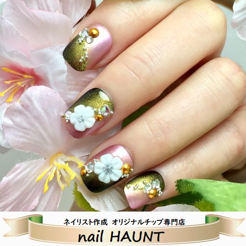 楽天市場 和柄ネイルチップ 3d花 蝶 市松フレンチ シャイニーピンク 市松模様フレンチ3dフラワー メタル蝶々 銀箔結婚式お色直し にもピッタリ 華やかな着物 和装 成人式ネイルチップ つけ爪 簡単便利な付け爪 Nailハウント