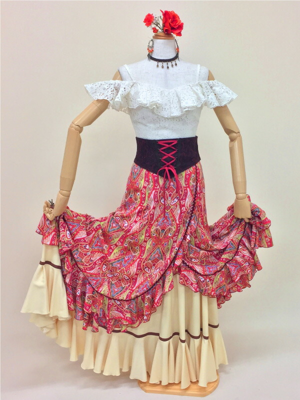 【中古】フラメンコ衣装ダンス衣装中古フラメンコ衣装中古ダンス衣装中古衣装ツーピースお買い得格安フラメンコ衣装オレンジランダムドットホルタ—ネックオレンジ水玉ブラウスオレンジ水玉スカートナジャハウス日本製