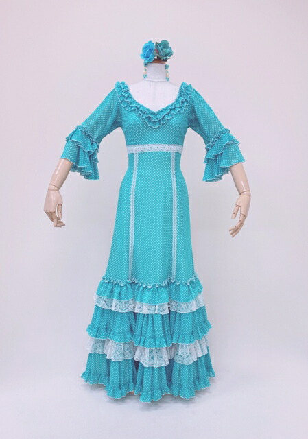 レンタル Rop 73 2 水色ドット アイボリーレース ワンピース フリル ハイウエストデザイン アレグリアス グァヒーラ 踊りやすい フラメンコ 演劇 舞台 ステージ ダンス 発表会 ナジャハウス 日本製 3泊4日 Trainingacademy Bg