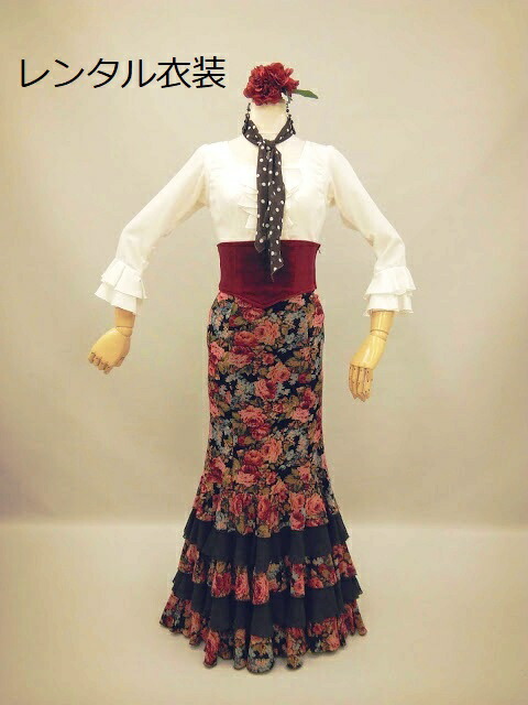 フラメンコ衣装　花柄フリル付き緑色上下セット フラメンコ衣装 花柄フリル付き緑色上下セット