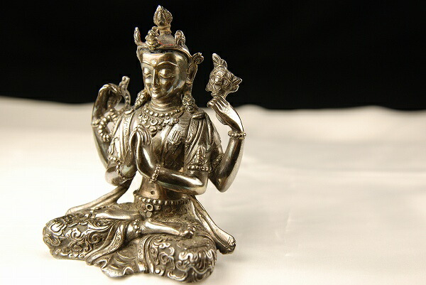 銀製 仏像彫刻 円筒形　アンティーク 治】金工家作 銀製(銀900) 観音菩薩像☆銀重368g 観音像 仏像