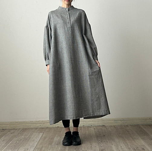 Linenya(リネンヤ)長袖スタンドカラーワンピース AS538W AS538W-S|natural standard