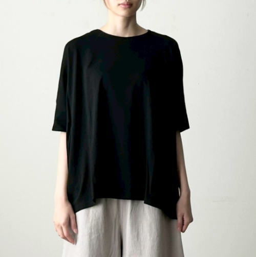 リネンヤ　Linenya コットンクルーネック半袖ニット 黒 再入荷** LinenYa リネンヤ as it is. 和紙混クルーネック半袖