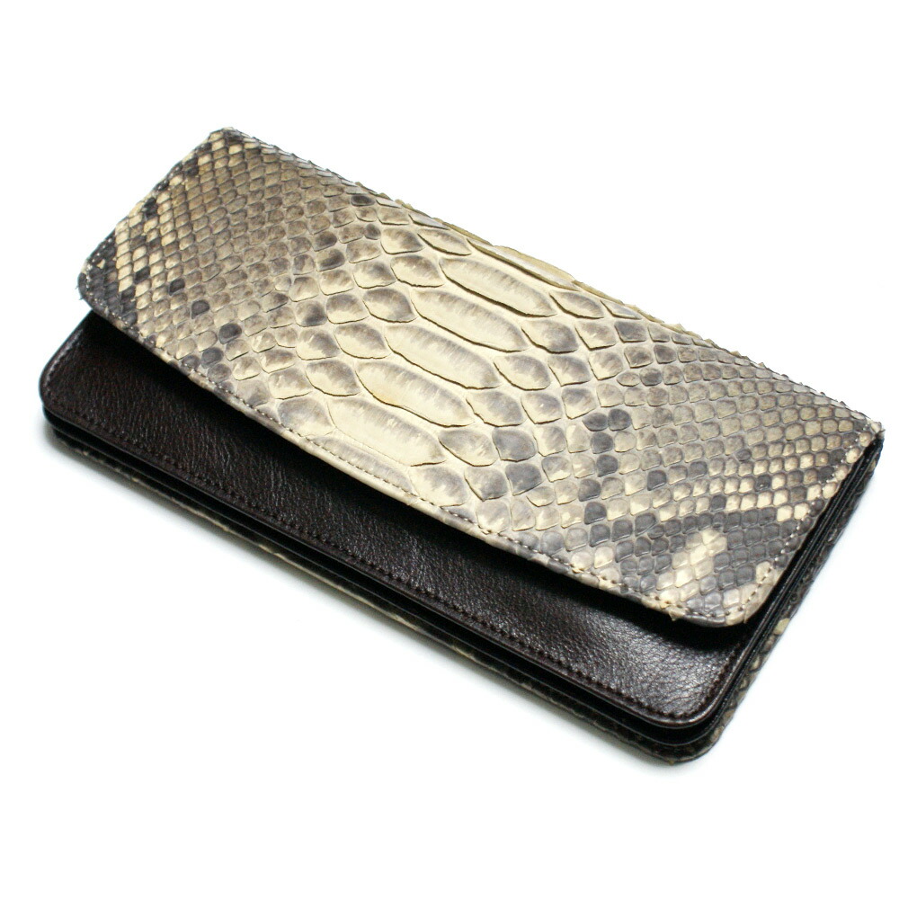 長財布 パイソン 財布 長札 メンズ レディース ヘビ革 蛇革 レザー 牛革 Wホック留め ジャバラ 小銭入れあり カード収納 ポケット収納 マット ベージュ｜オリジナルパースナカムラ