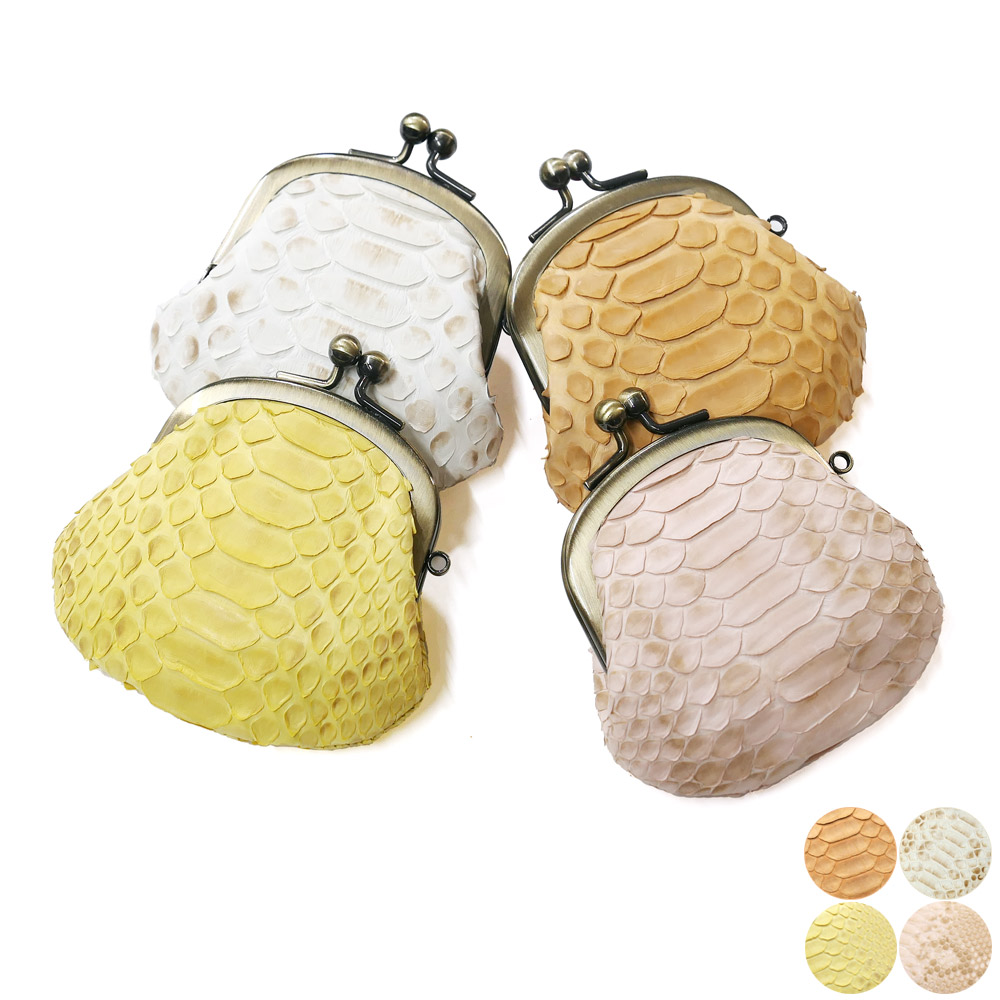 コインケース がま口 レディース コンパクト mini 小さい 小銭入れ がま口財布 パイソン 財布 蛇革 ヘビ革 本革 レザー さいふ 日本製 ハーフブリーチ 各色 オレンジ ベージュ イエロー ピンク