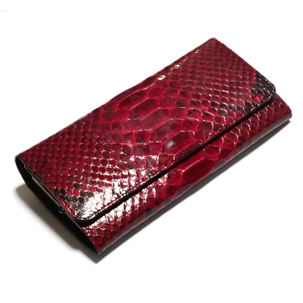 パイソン 財布 がま口 長財布 かぶせ型 / 本革 パイソン革 ダイヤモンドパイソン グレージング レッド|オリジナルパースナカムラ