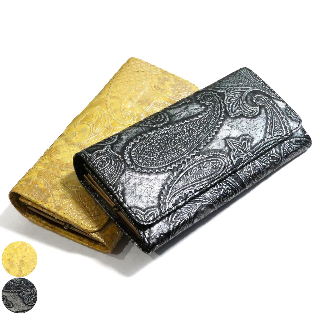 パイソン 紙入れ 金入れ 長紙入れ かぶせ型 / 本革 パイソン革 ダイヤモンドパイソン ペイズリー柄 全２色 / しろがね色・黄色