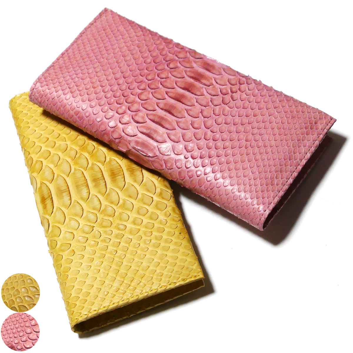 長財布 メンズ レディース ダイヤモンド パイソン 財布 蛇 ヘビ マチ無し 小銭入れ無し 草木染め 全2色 イエロー/ピンク｜オリジナルパースナカムラ