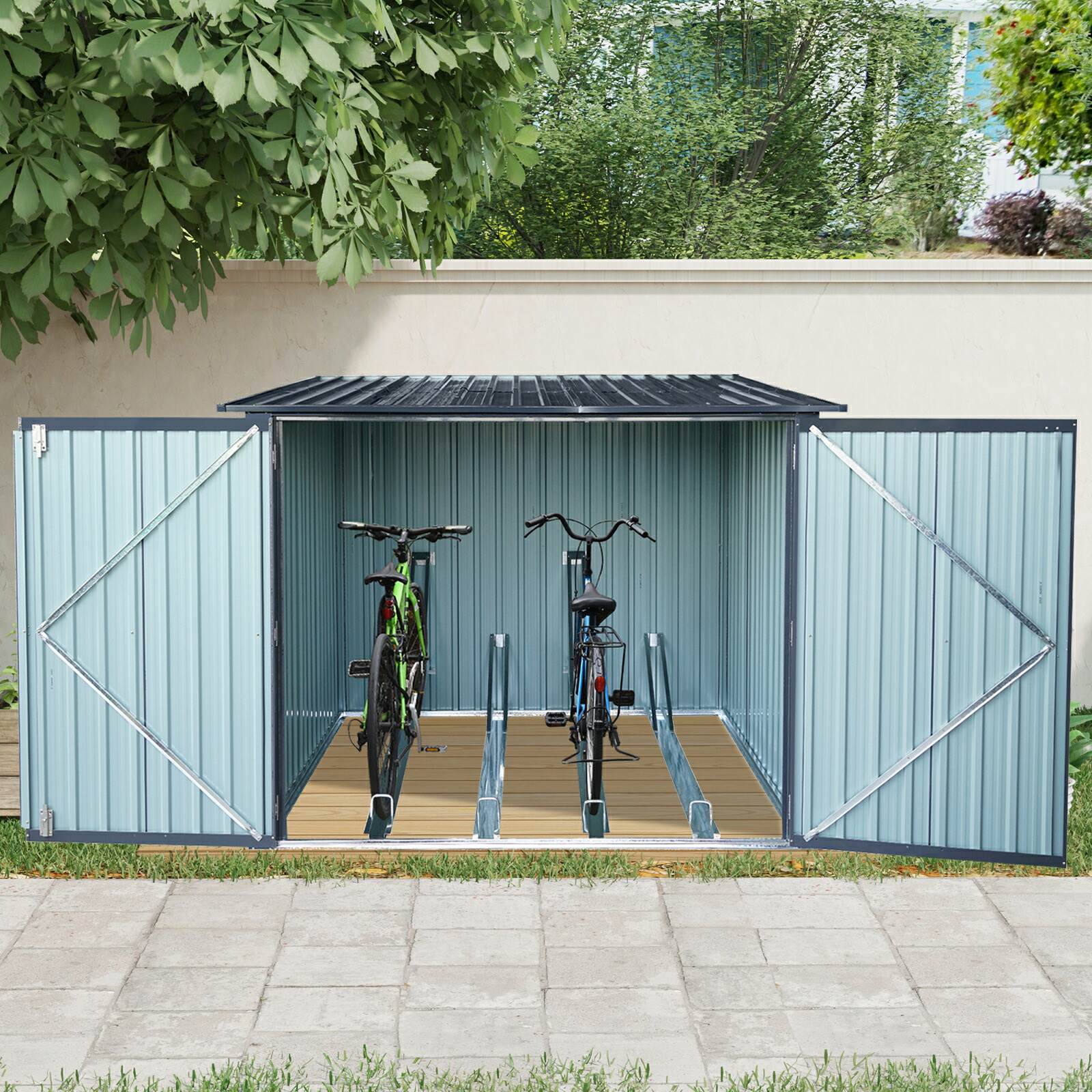 物置 屋外 戸外収納庫 自転車 大容量 スチール 両開きドア 施錠可能 防さび ベランダ 防水 ガーデニング 庭