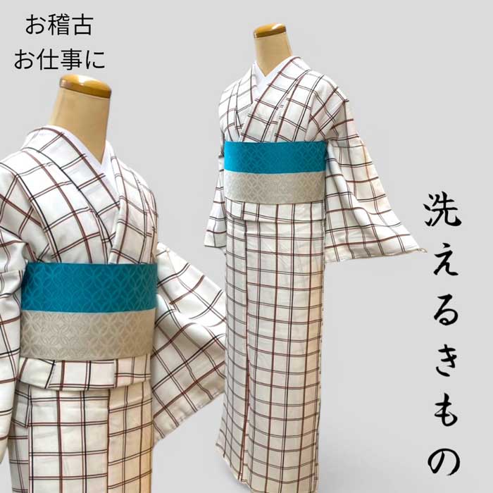 洗える　着物　小紋 《白　茶格子》M L size 揃い　サークル 雨の日/お仕事/街歩き/稽古