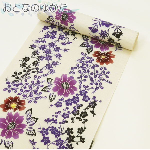 【クーポンで300円OFF】 浴衣 反物 レディース 浴衣反物 注染 綿麻 本染め オフホワイト 花縞 花柄 縞柄 ゆかた反物 未仕立て 日本製 夏着物 女性用 婦人 高級浴衣 生地 白地 おしゃれ 上品 和装 和服 着物 夏祭り 花火大会 盆踊り 日本舞踊 稽古 仕立て用 教材用｜日本舞踊の　浜松　きものなかとみ