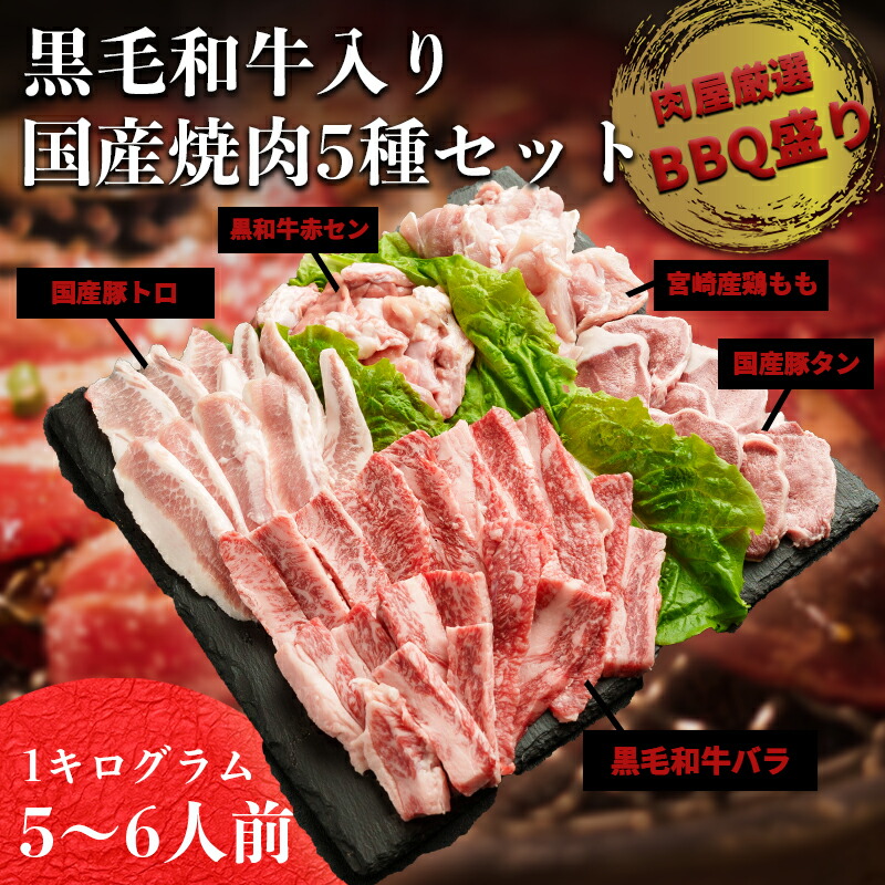 黒毛和牛入り国産焼肉BBQセット5種盛り1kg 焼肉セット 国産焼肉 タン 焼肉 焼き肉 大容量 メガ盛り トントロ 黒毛和牛 アカセン 宮崎桜姫鶏