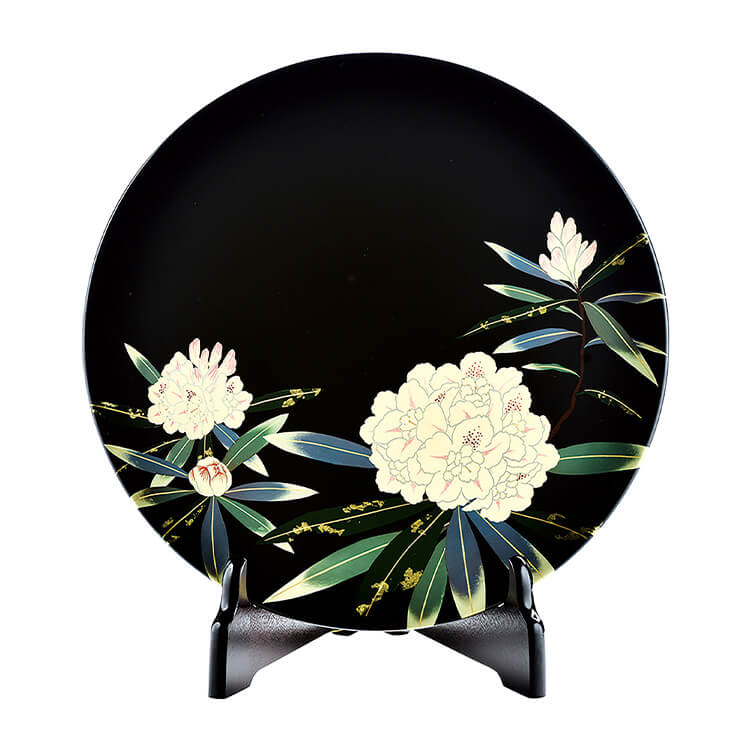 黒 10.0 飾り皿(皿立て付) 石楠花(漆･手塗･手描) 天然木製 インテリア 会津漆器【25-19-2】