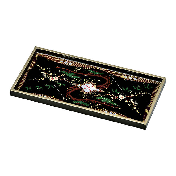 黒 10.0 長角盆 会津絵Silver\u0026Gold(手描) 木質衣料繊維(MDF)製 カシューナッツペンキ塗り 御盆 お盆 お盆【25-4-3】