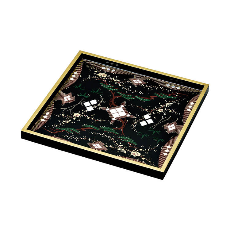 黒 11.0 正角盆 会津絵Silver\u0026Gold(手描) 木質衣料繊維(MDF)製 カシューナッツペンキ塗り 御盆 お盆 お盆【25-4-2】