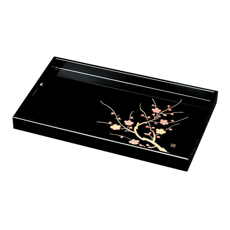 黒 15.0 長手盆 香梅(手描) 木材繊維(MDF)製 カシュー塗装 誕生日 米寿祝 お祝い 贈答 引き出物 内祝い ギフト【25-35-4】