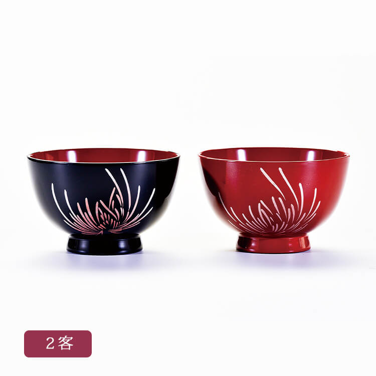漆芸 朱塗り 菊蒔絵 蓋付椀＆盆セット 夫婦椀 松葉に桜 朱・黒 蓋付きのお椀 2客セット 漆塗り 12