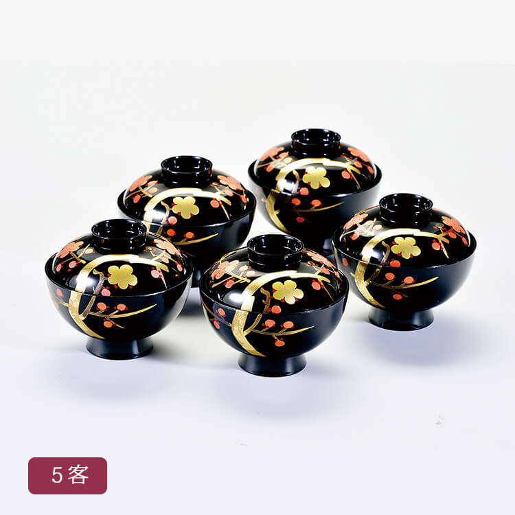 黒 御殿 吸椀 香梅(手描) 5客 セット 木粉と樹脂の成形品 ウレタン塗装 お椀【25-62-1】