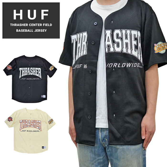 【割引クーポン配布中】 HUF × THRASHER (ハフ × スラッシャー) ベースボール ジャージ CENTER FIELD BASEBALL JERSEY ゲームシャツ トップス メンズ M-XL ブラック ナチュラル KN00419 【バーゲン】