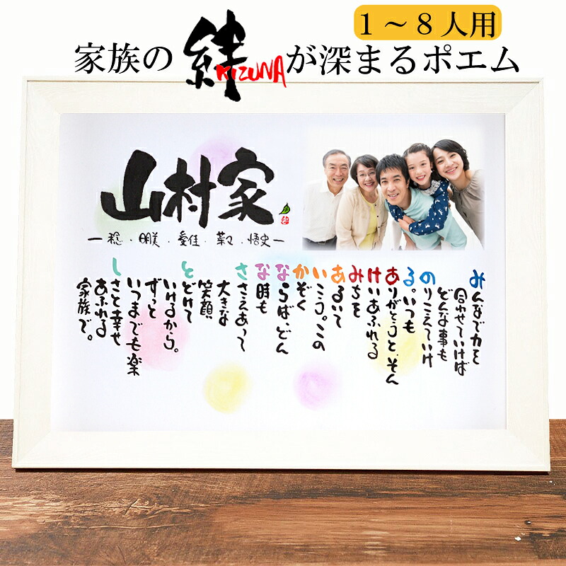 新築祝い お名前ポエム 写真入り【1～8人用】家族ポエム 名前ギフト詩 名前入り ポエム ネームポエム 名入れ プレゼント 家族の名前入り 名前の詩 結婚記念日 退職祝い 紙婚式 銀婚式 金婚式 還暦 古希 会社 開店祝いなどに 家族の写真入り (A3サイズ）5人6人7人8人｜名前ギフト詩　フデモジスタイル