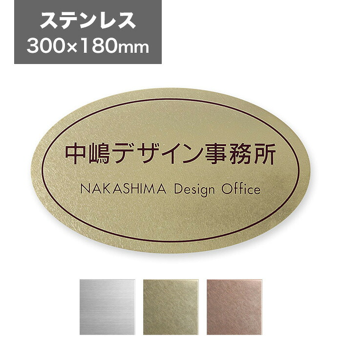 看板 ステンレス 300&times;180mm 看板プレート 表札 会社看板 事務所 法人 オフィス アパート看板 マンション 店舗用 オーダーメイド シンプルデザイン 楕円型 ドライエッチング バイブレーション仕上げ DRD-N-1｜表札と看板のネームプラザ