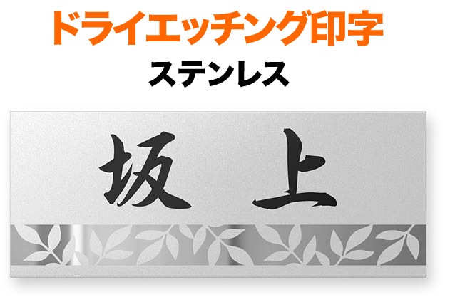 表札 ファインブラスト ドライエッチング印字 機能門柱用 戸建て ツヤ消し 鏡面仕上げ ステンレス 200×80 1.5mm 枝葉の帯 平成行書体 ややくずした書体 古風 綺麗 上品 お洒落 洗練 優しい 上質 きちんと カジュアル 親近感 光沢 反射 映り込み 横型 長方形 FBDY-S-N22|表札と看板のネームプラザ