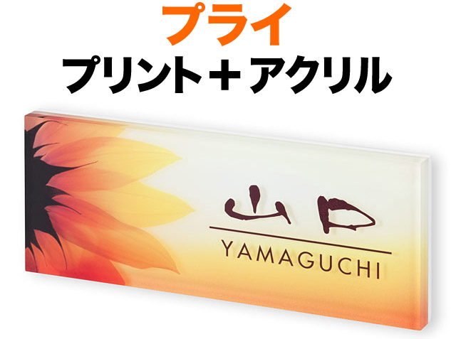 表札 プライシリーズ 機能門柱用 戸建て デジタルプリント 花+暖色系グラデーション-背景 透明アクリル 文字-ブラウン 200×80 15mm 日本語-まめ吉体／英字-フーツラ体 エネルギッシュ 華 エレガント パワー 優しい 暖かい 奥行き感 立体感 存在感 横型 長方形 PYY-8-8