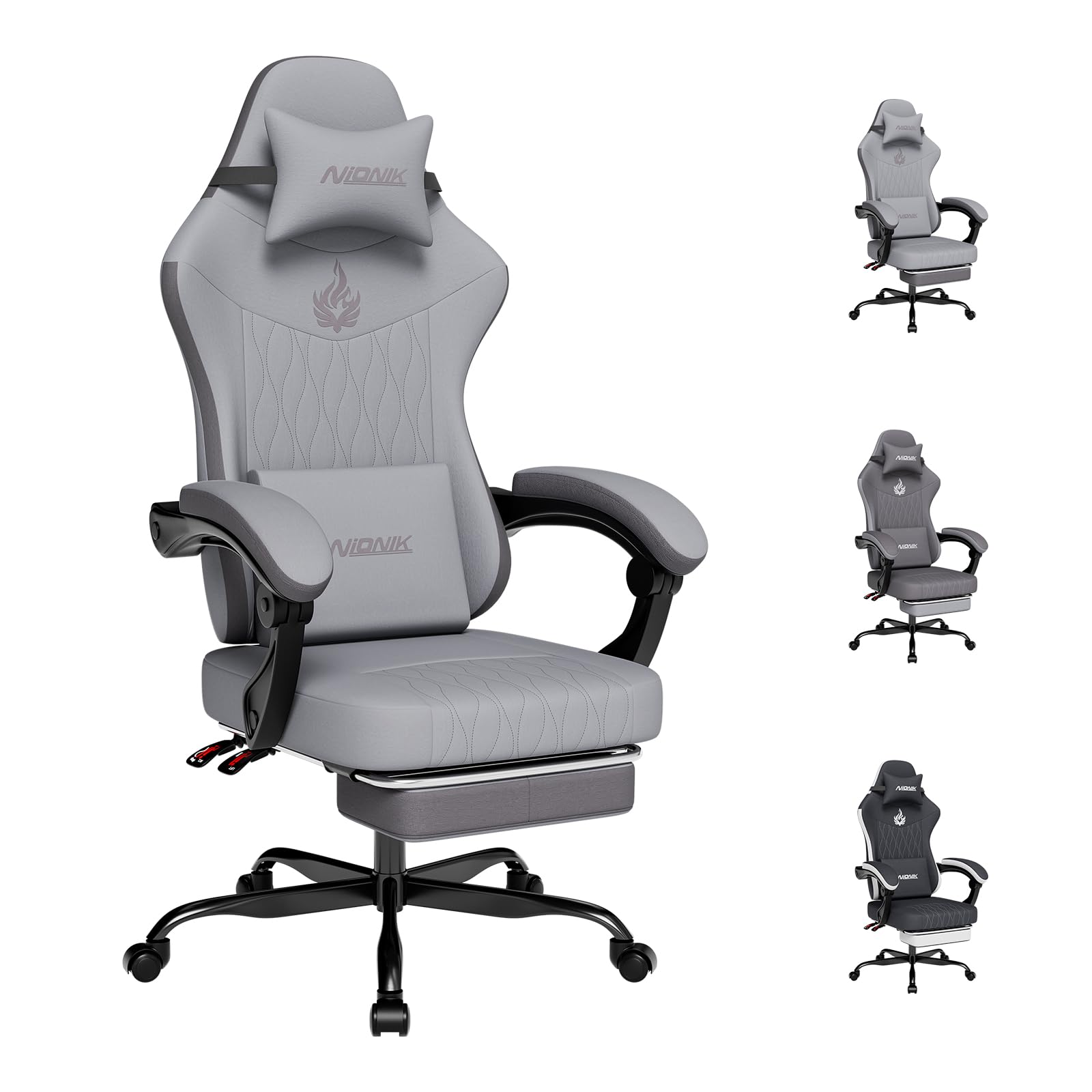 NIONIK ゲーミングチェア ファブリック 幅広座面 オフィスチェア デスクチェア オットマン付き リクライニング 140度 人間工学 通気性 疲れない ハイバック 椅子 ゲーミングチェアー 連動アー｜ナミオオンラインストア