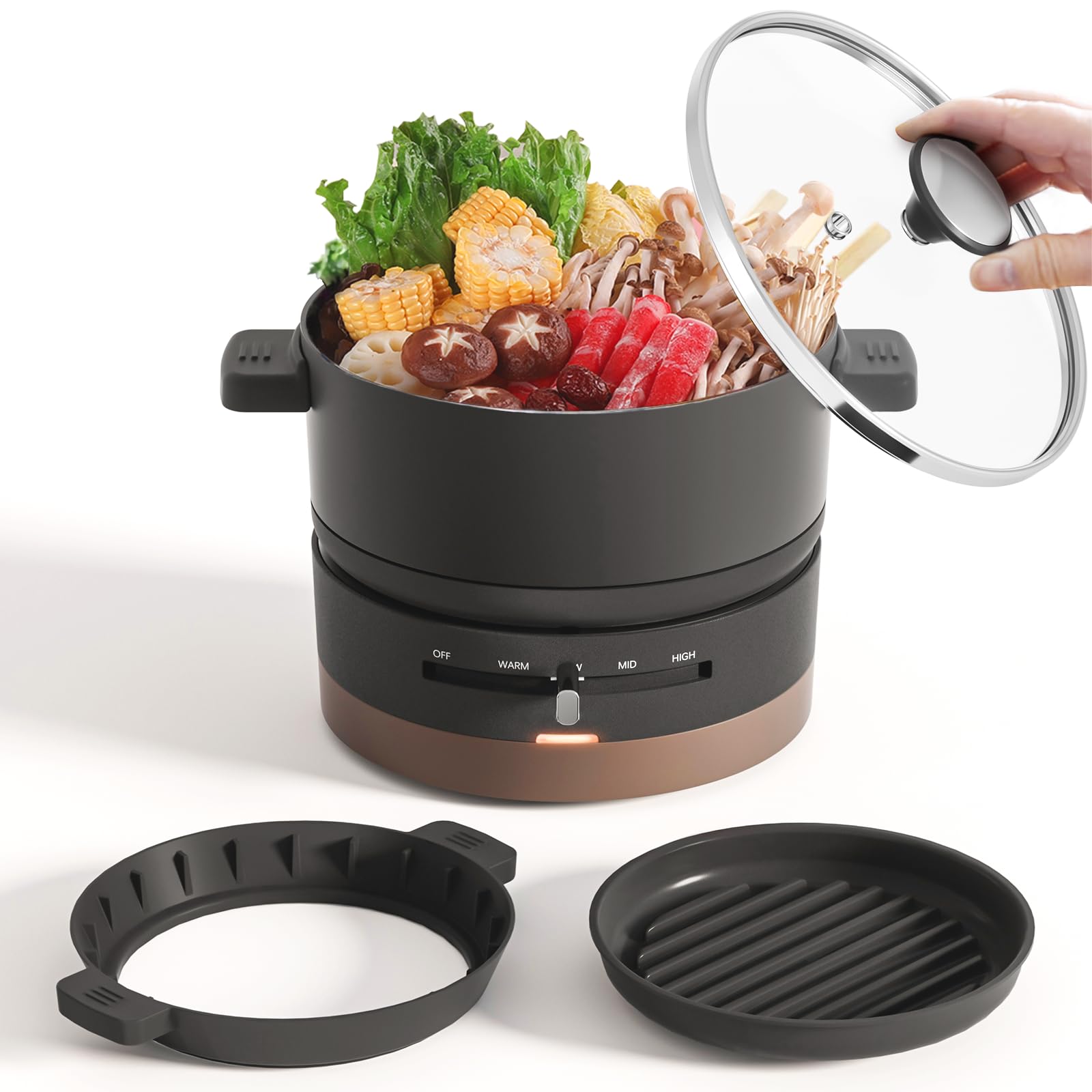 明かり鍋 熱っぽいお皿 一人用 大衆食堂鍋 小型 1L 600W 4座標軸体温合わせる 着脱式 丸洗い可 煮る 焼く 炒める 一人鍋 卓上鍋 硝子蓋付き添い人 パウダーコンパクト ラーメン 膳立て家電 黒いこと 車中泊 差し上げ物