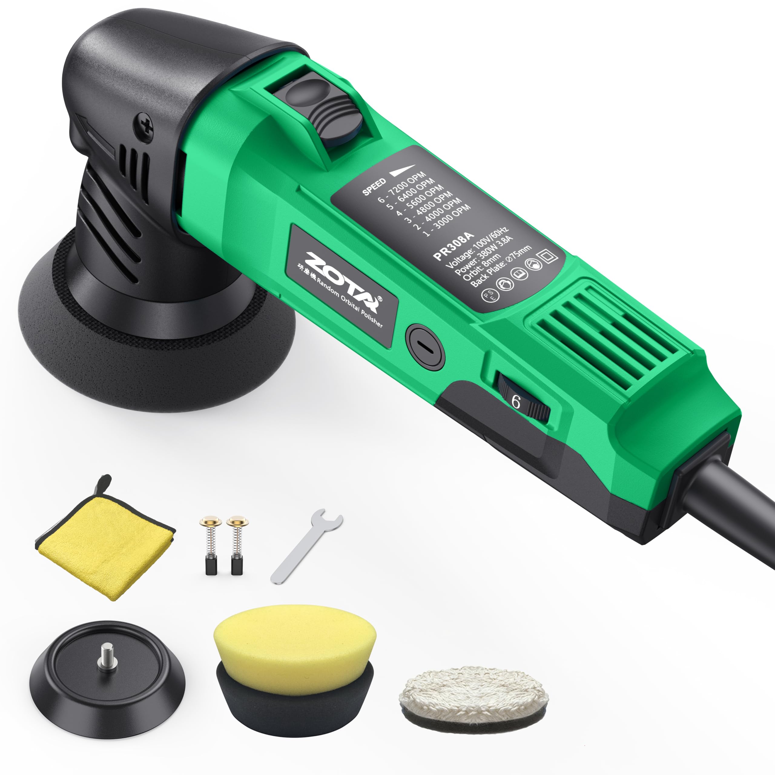 ZOTA ポリッシャー 75mm 小型 ランダムオービタル式 100V 六段変速 3000-7200RPM 恒定回転速度 車磨き 自動車 バイク 傷消し 艶出し ワックスがけ 木工 床磨き 業務用 家庭用 PR308A 緑｜ナミオオンラインストア